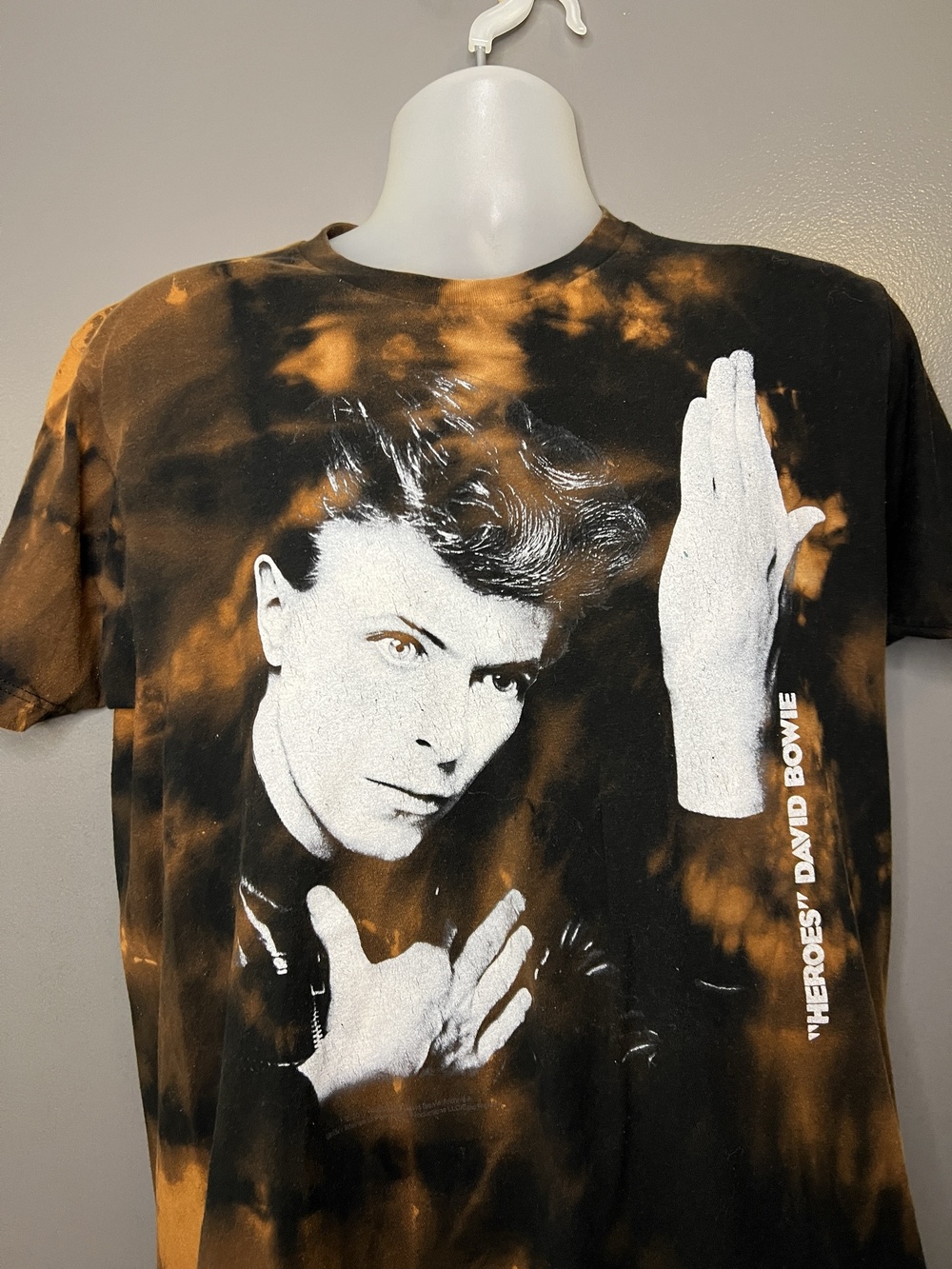 Bowie Shirt Mens Large Black Bleach Tie Dye Heroes Portrait Graphic Tee Rock